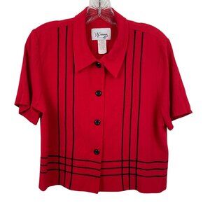 D.J. Summers Womens Red & Black Button-Up Short Sleeve Blouse Size 10P